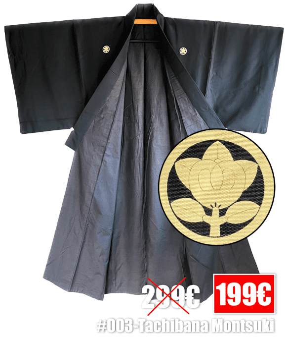 Antique kimono traditionnel japonais soie noire Tachibana Montsuki homme 