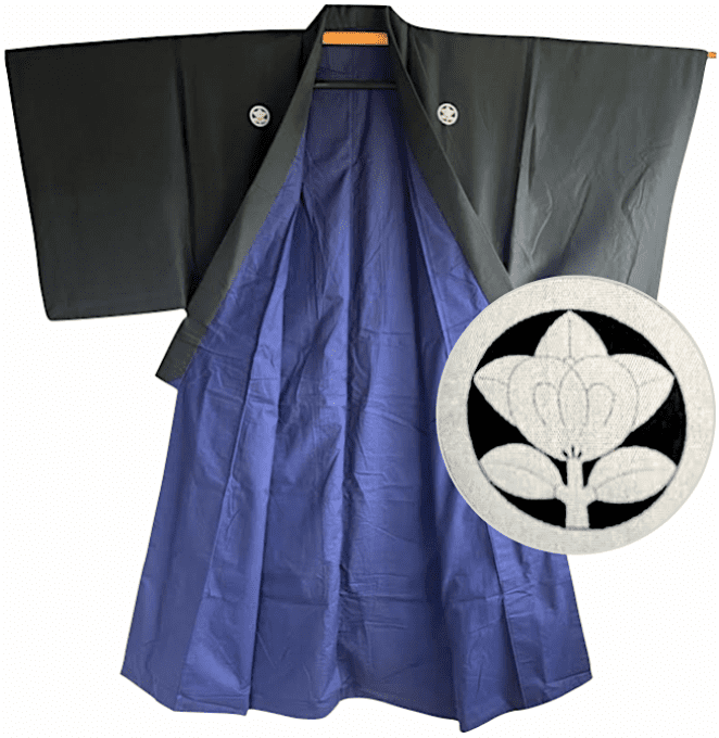Antique kimono traditionnel japonais soie noire Tachibana Montsuki homme 