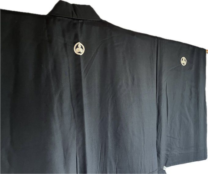 Antique kimono japonais homme soie noire Mitsukashiwa Montsuki 03 - Fabrication au Japon 