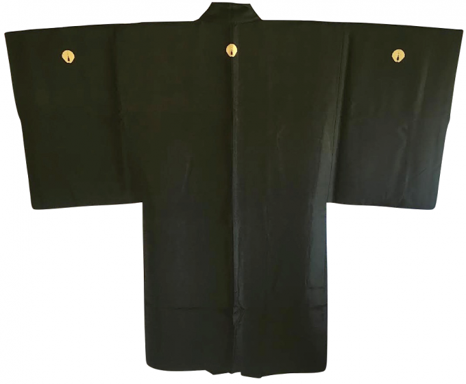 Antique veste kimono Haori homme soie noire Takenoko Montsuki Danse du lion Shishi Mai Ise Jingu  