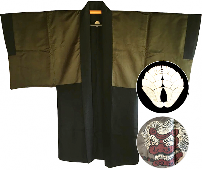 Antique veste kimono Haori homme soie noire Takenoko Montsuki Danse du lion Shishi Mai Ise Jingu  