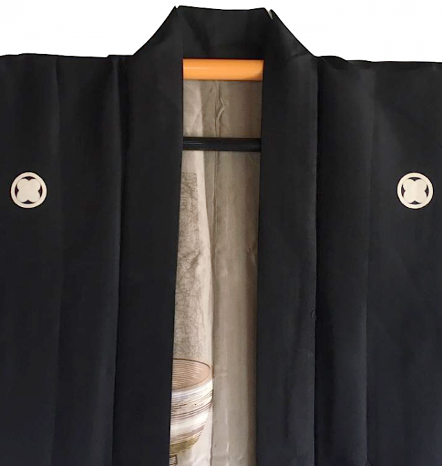 Luxe Antique veste kimono Haori samourai soie noire Takanohane Montsuki Chanoyu