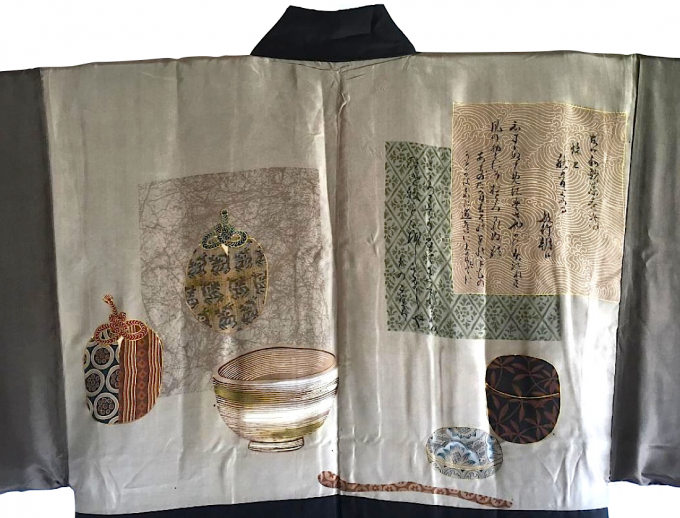 Luxe Antique veste kimono Haori samourai soie noire Takanohane Montsuki Chanoyu