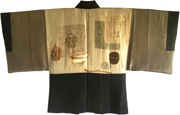 Luxe Antique veste kimono Haori samourai soie noire Takanohane Montsuki Chanoyu