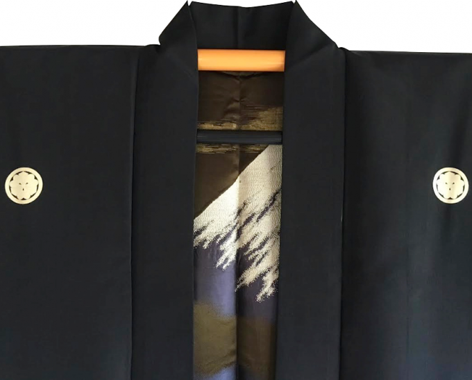 Antique Veste Kimono Haori Samourai Soie Noire KenKatabami Montsuki YABUSAME FUJI SAN Homme 