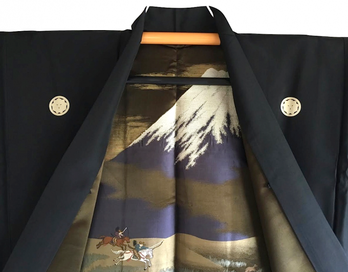 Antique Veste Kimono Haori Samourai Soie Noire KenKatabami Montsuki YABUSAME FUJI SAN Homme 