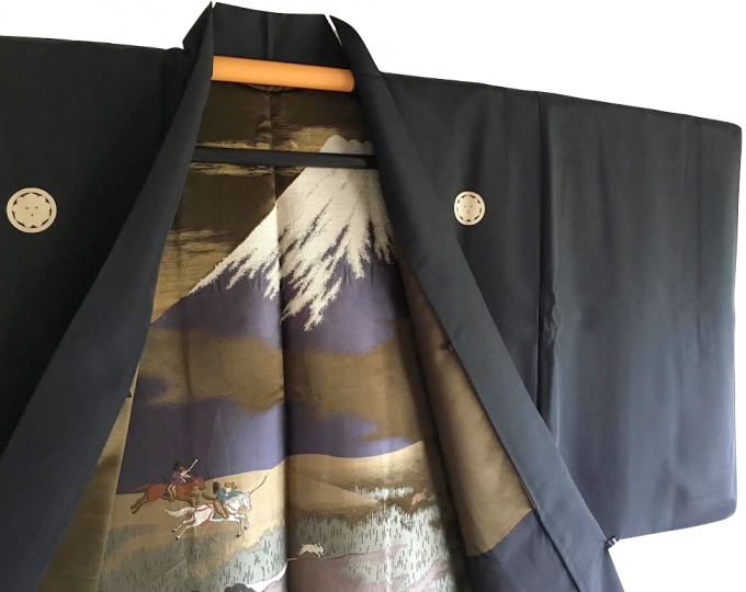 Antique Veste Kimono Haori Samourai Soie Noire KenKatabami Montsuki YABUSAME FUJI SAN Homme 