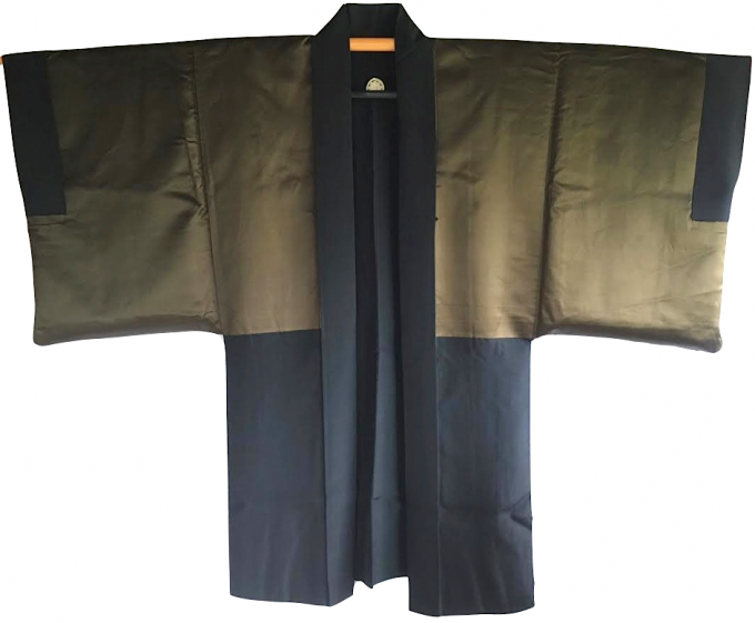 Antique Veste Kimono Haori Samourai Soie Noire KenKatabami Montsuki YABUSAME FUJI SAN Homme 