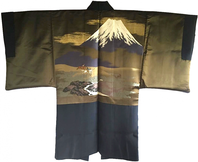 Antique Veste Kimono Haori Samourai Soie Noire KenKatabami Montsuki YABUSAME FUJI SAN Homme 