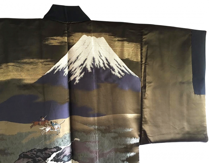 Antique Veste Kimono Haori Samourai Soie Noire KenKatabami Montsuki YABUSAME FUJI SAN Homme 