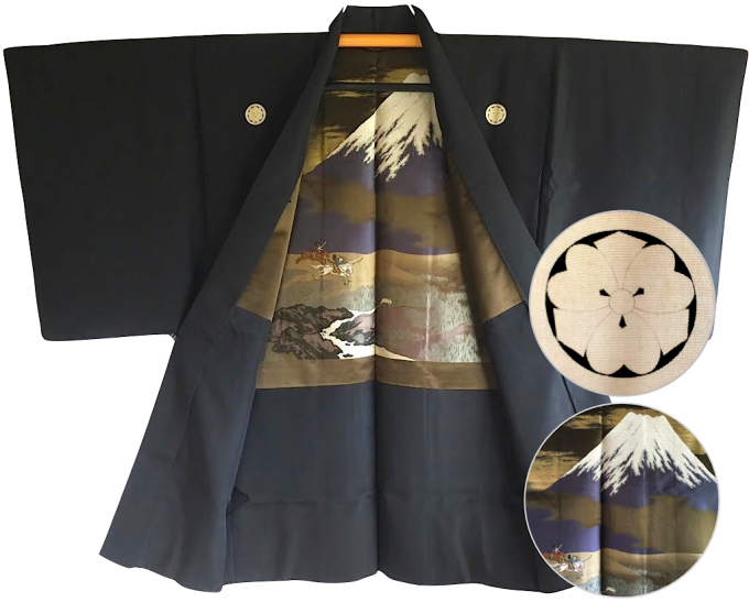 Antique Veste Kimono Haori Samourai Soie Noire KenKatabami Montsuki YABUSAME FUJI SAN Homme 