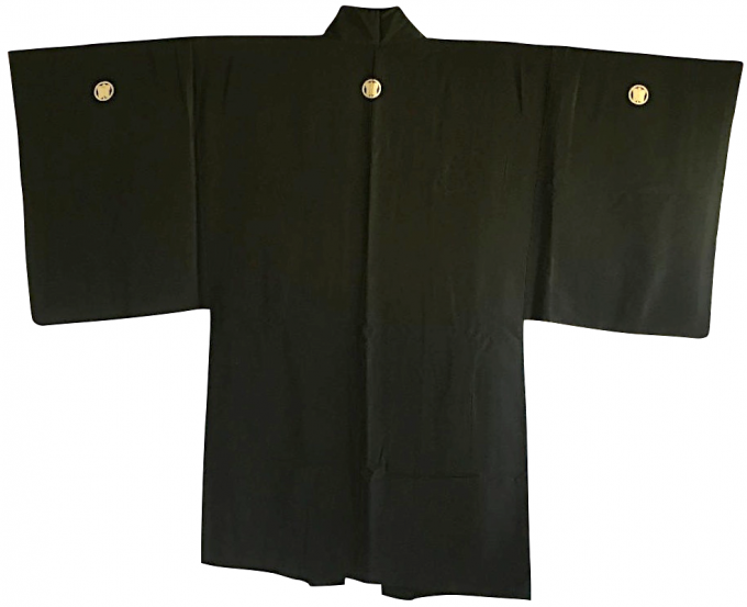 Luxe Antique veste kimono haori samourai soie noire Gunbai Uchiwa Montsuki Ise jingu homme