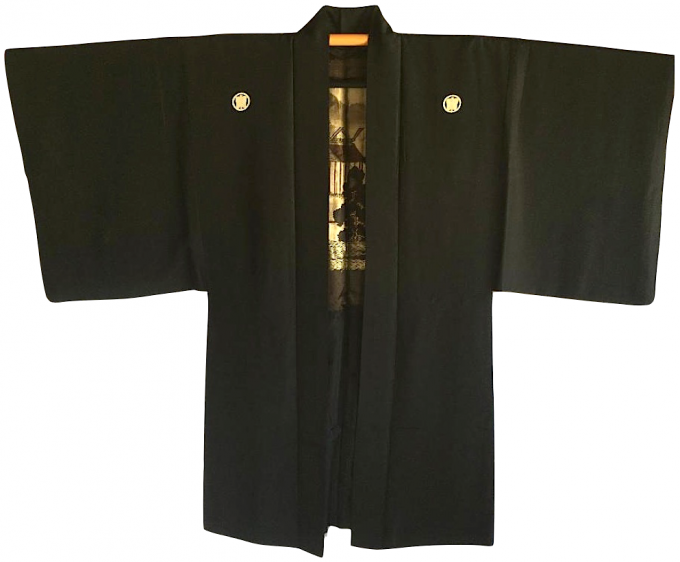 Luxe Antique veste kimono haori samourai soie noire Gunbai Uchiwa Montsuki Ise jingu homme