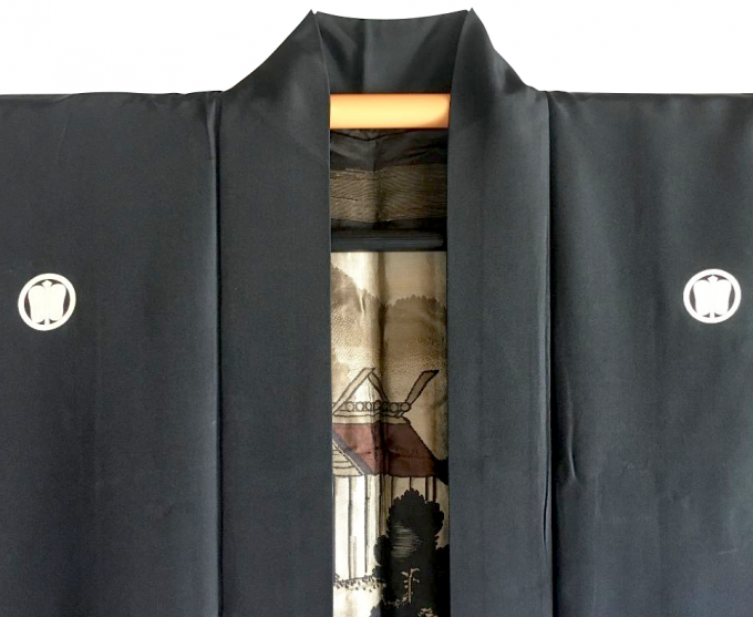 Luxe Antique veste kimono haori samourai soie noire Gunbai Uchiwa Montsuki Ise jingu homme