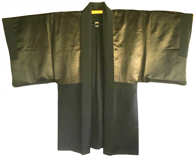 Luxe Antique veste kimono haori samourai soie noire Gunbai Uchiwa Montsuki Ise jingu homme