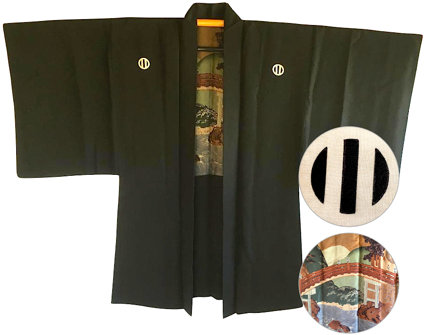 Antique veste kimono Haori samourai soie noire Montsuki JINJA NO O BASHI homme