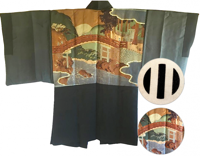 Antique veste kimono Haori samourai soie noire Montsuki JINJA NO O BASHI homme