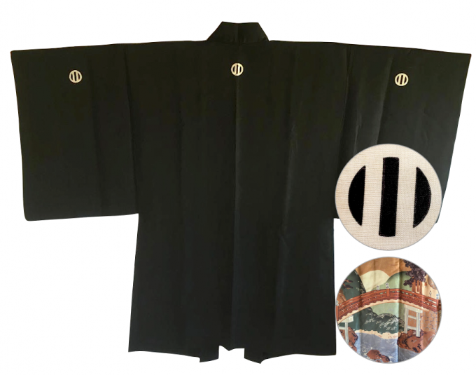 Antique veste kimono Haori samourai soie noire Montsuki JINJA NO O BASHI homme