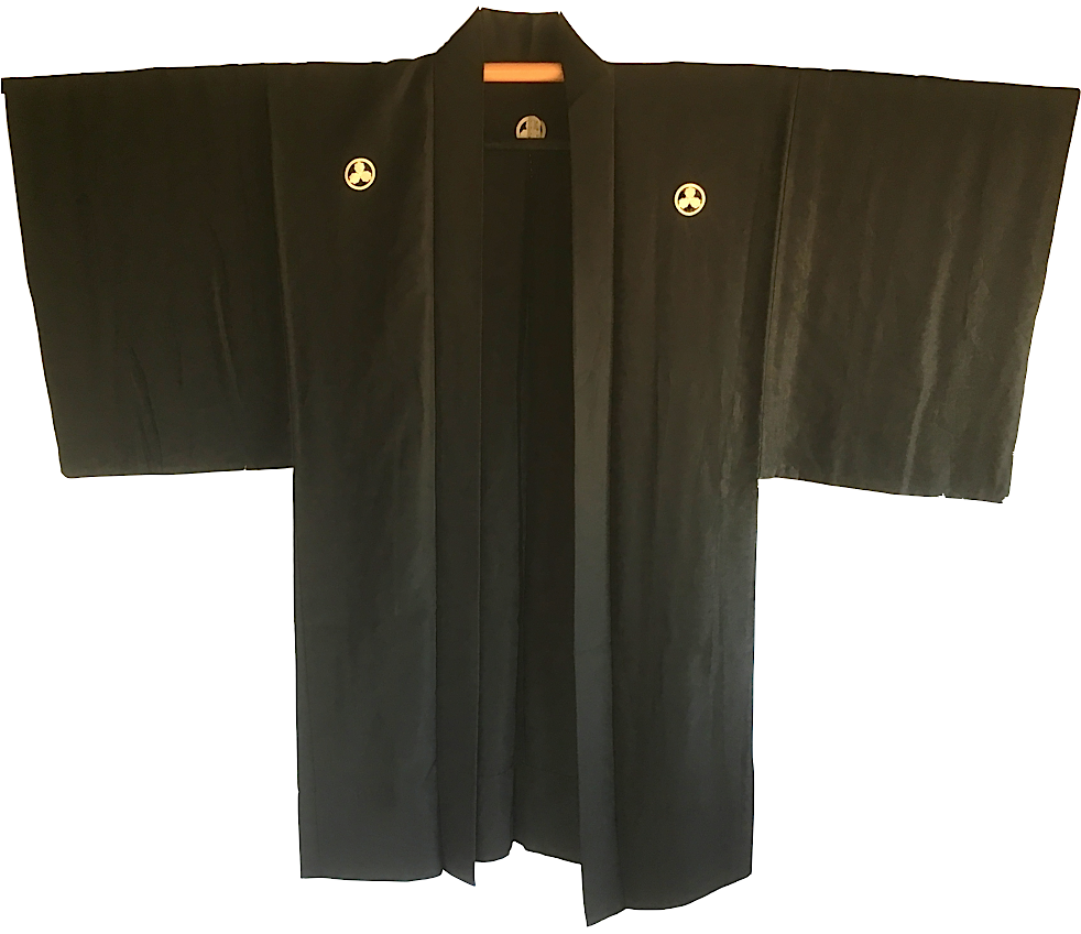Antique veste kimono Haori soie noire Maruni Mitsu Kashiwa Montsuki homme
