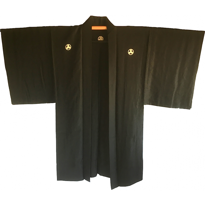Antique veste kimono Haori soie noire Maruni Mitsu Kashiwa Montsuki homme