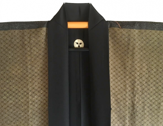  Antique veste kimono Haori soie noire Meoto Iwa Kamon clan samourai Takenaka homme "Made in Japan" 