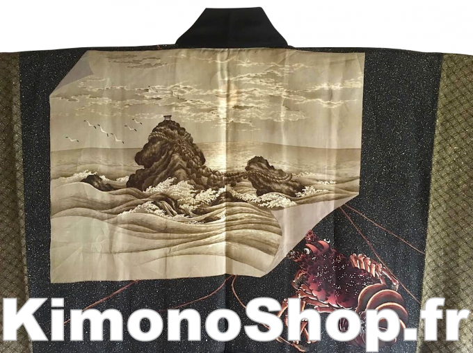  Antique veste kimono Haori soie noire Meoto Iwa Kamon clan samourai Takenaka homme "Made in Japan" 