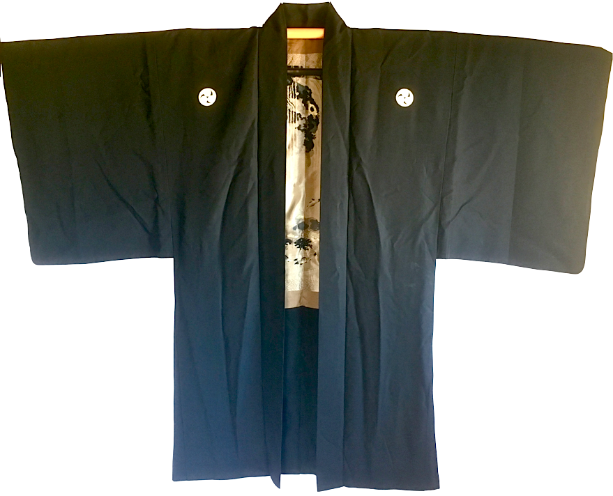 Antique veste kimono Haori soie noire Mitsu Tomoe Take Koi Nobori homme "Made in Japan" 