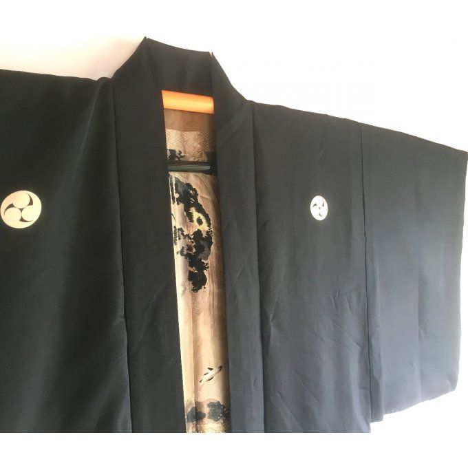 Antique veste kimono Haori soie noire Mitsu Tomoe Take Koi Nobori homme "Made in Japan" 
