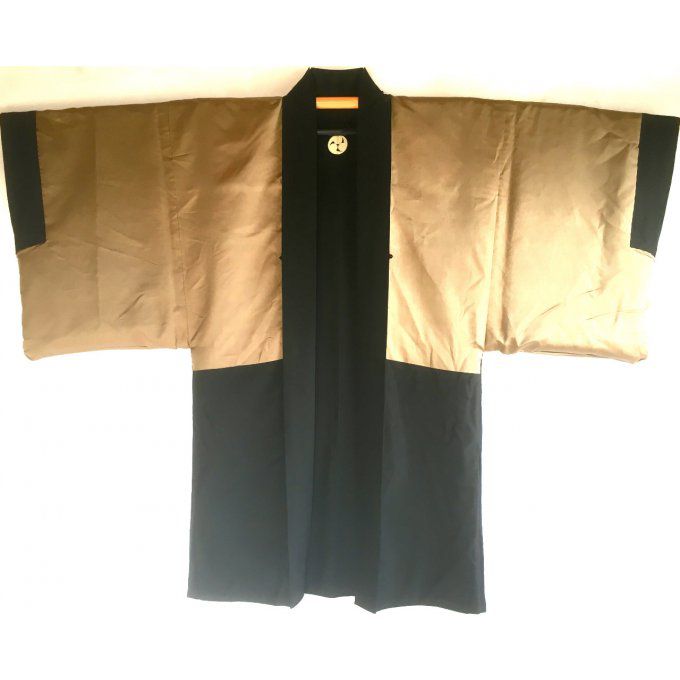 Antique veste kimono Haori soie noire Mitsu Tomoe Take Koi Nobori homme "Made in Japan" 