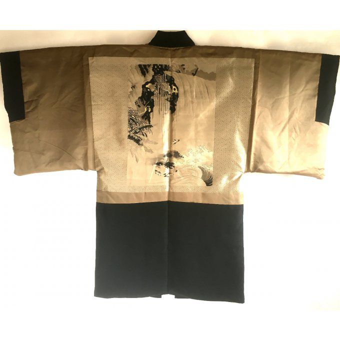 Antique veste kimono Haori soie noire Mitsu Tomoe Take Koi Nobori homme "Made in Japan" 