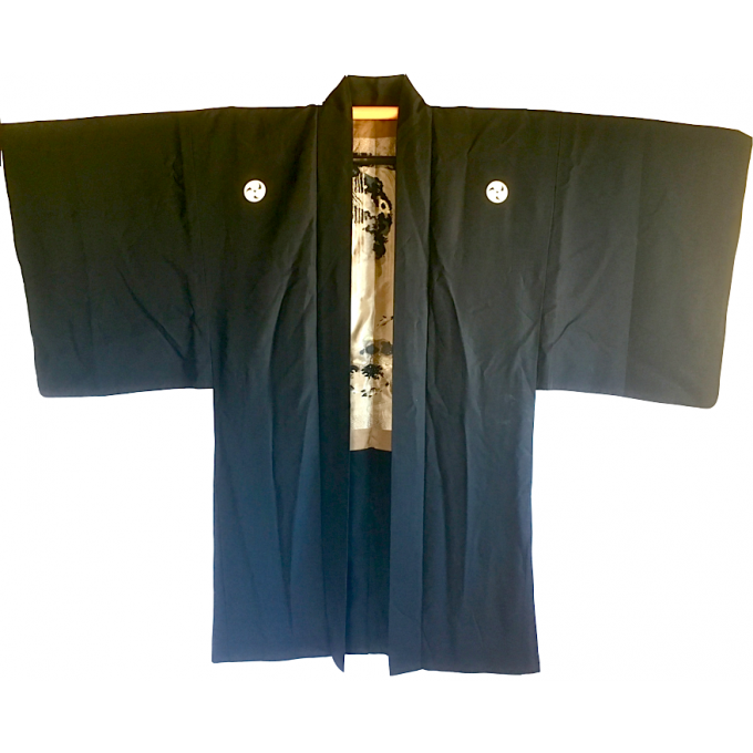 Antique veste kimono Haori soie noire Mitsu Tomoe Take Koi Nobori homme "Made in Japan" 