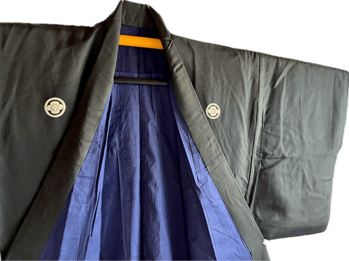 Kimono Samouraï Antique Japonais Soie Noire Montsuki Mokkou (Clan Oda Nobunaga) 