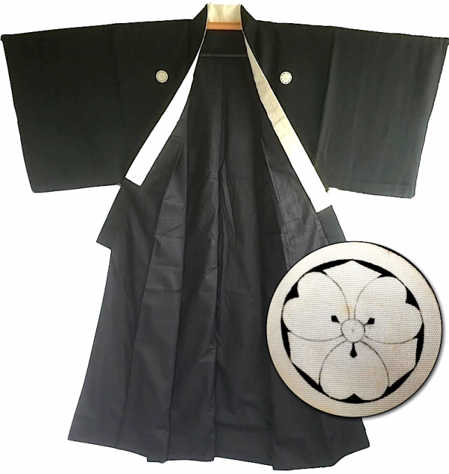 Rare Antique kimono japonais samourai soie noire Kenkatabami Montsuki homme