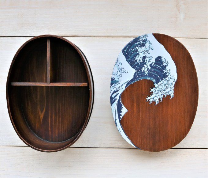 Bento Box Japonaise en Bois – Ukiyo-e « La Grande Vague de Kanagawa » – 700ml