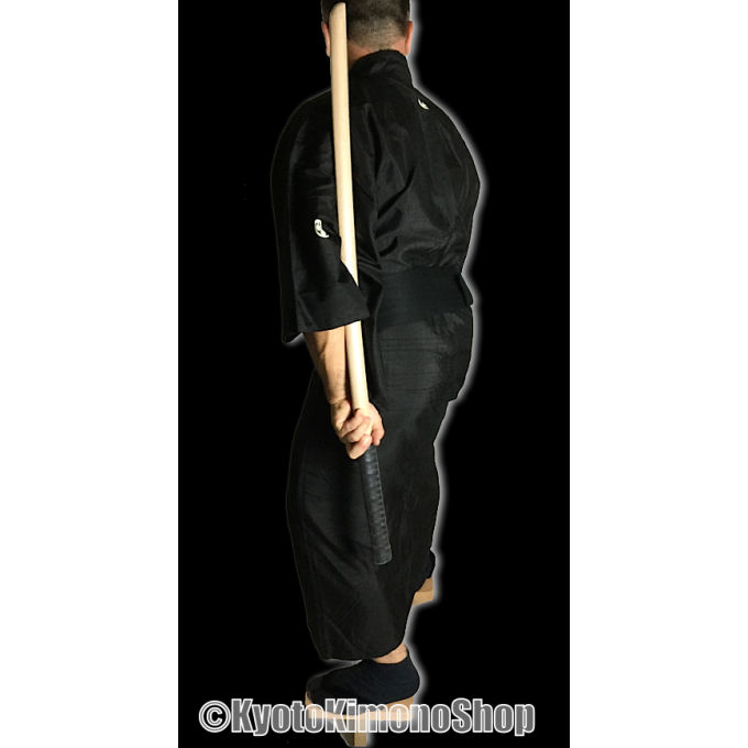 Antique kimono japonais samourai Iaido Kenjutsu soie noire Maruni Tsuru Kashiwa Montsuki homme