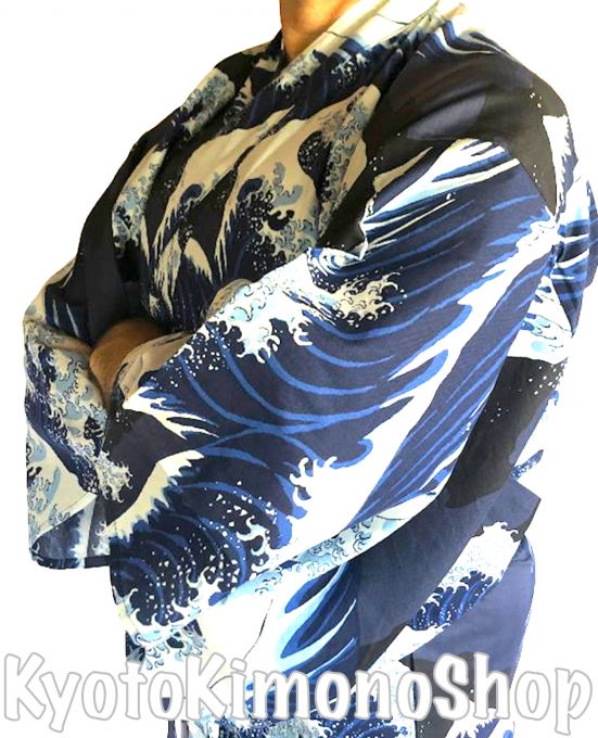 Kimono japonais Yukata Nami Hokusai (Vague japonaise) bleu marine homme "Made in Japan"