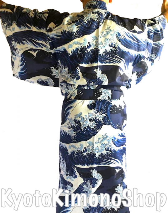 Yukata Nami Hokusai (Vague japonaise) bleu marine homme "Made in Japan"