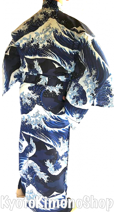 Yukata Nami Hokusai (Vague japonaise) bleu marine homme "Made in Japan"