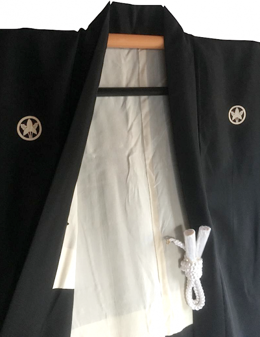 Antique veste kimono haori samourai soie noire Maruni Omodaka Montsuki Made in Japan