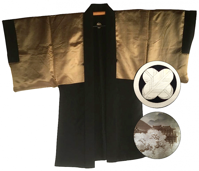 Antique haori samourai soie noire Takanohane montsuki Sakura no Kyomizudera homme Made in Japan