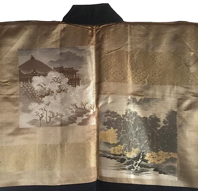 Antique haori samourai soie noire Takanohane montsuki Sakura no Kyomizudera homme Made in Japan