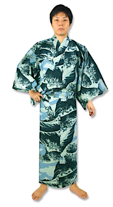 Yukata japonais Nami Hokusai noir homme Taille 64 inch 185cm "Made in Japan" 