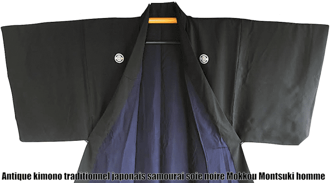 Antique kimono traditionnel japonais samourai soie noire Mokkou Montsuki homme 03
