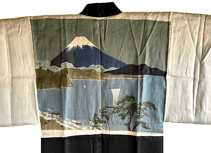 Antique haori soie noire kenkatabami Montsuki Fuji San homme 