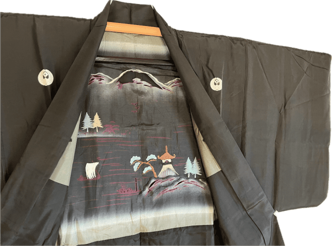  Antique Haori homme - Soie noire- Sagarifuji Montsuki - Fuji San - Soldes