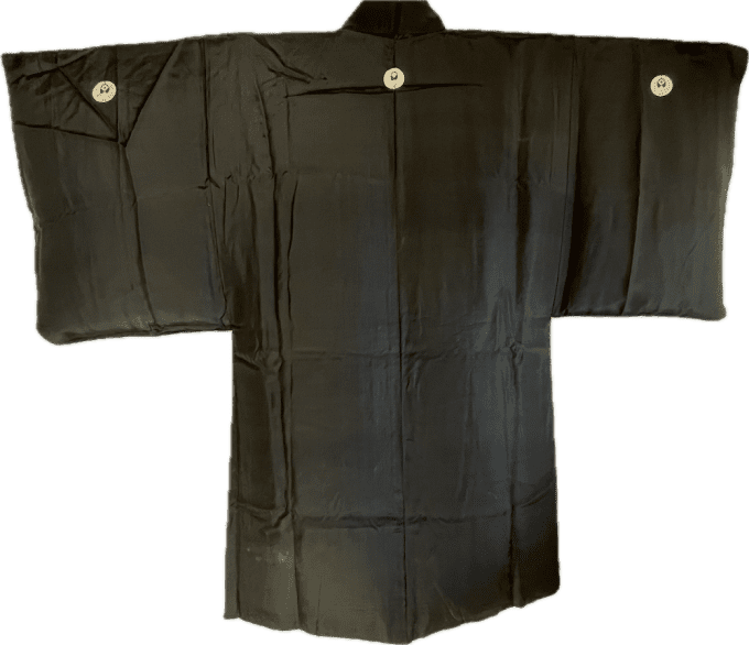  Antique Haori homme - Soie noire- Sagarifuji Montsuki - Fuji San - Soldes