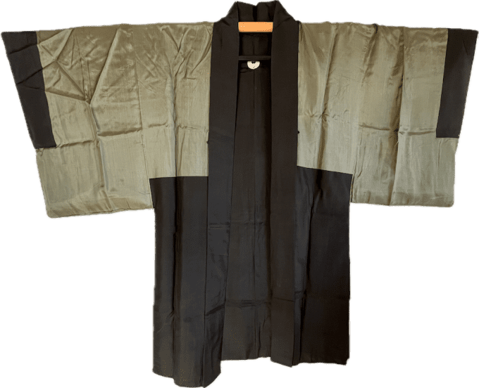  Antique Haori homme - Soie noire- Sagarifuji Montsuki - Fuji San - Soldes