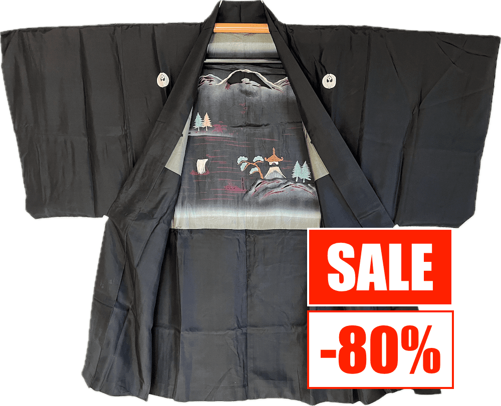  Antique Haori homme - Soie noire- Sagarifuji Montsuki - Fuji San - Soldes