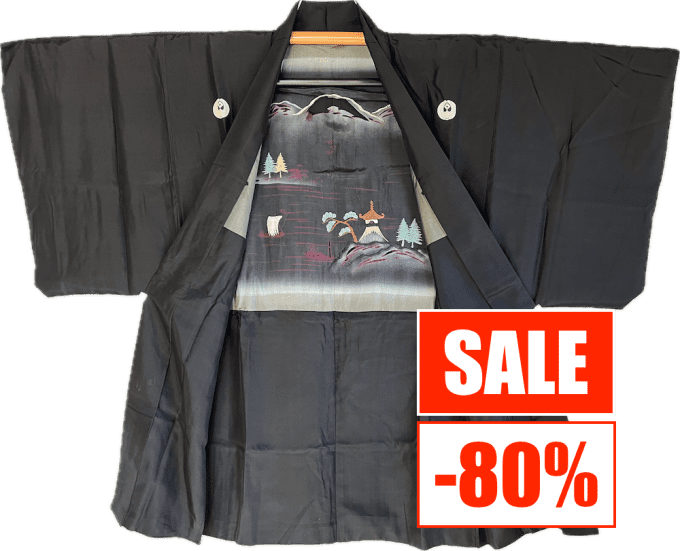  Antique Haori homme - Soie noire- Sagarifuji Montsuki - Fuji San - Soldes