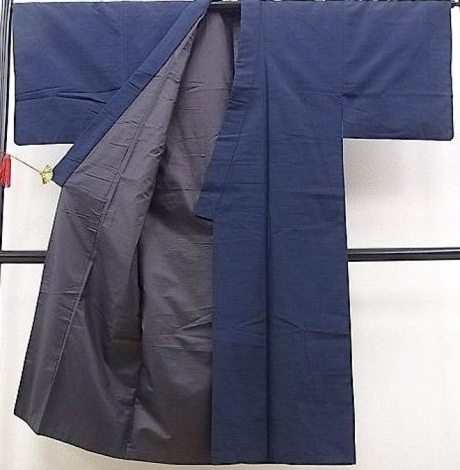 Kimono japonais traditionnel Soie Tsumugi Bleu Homme 02